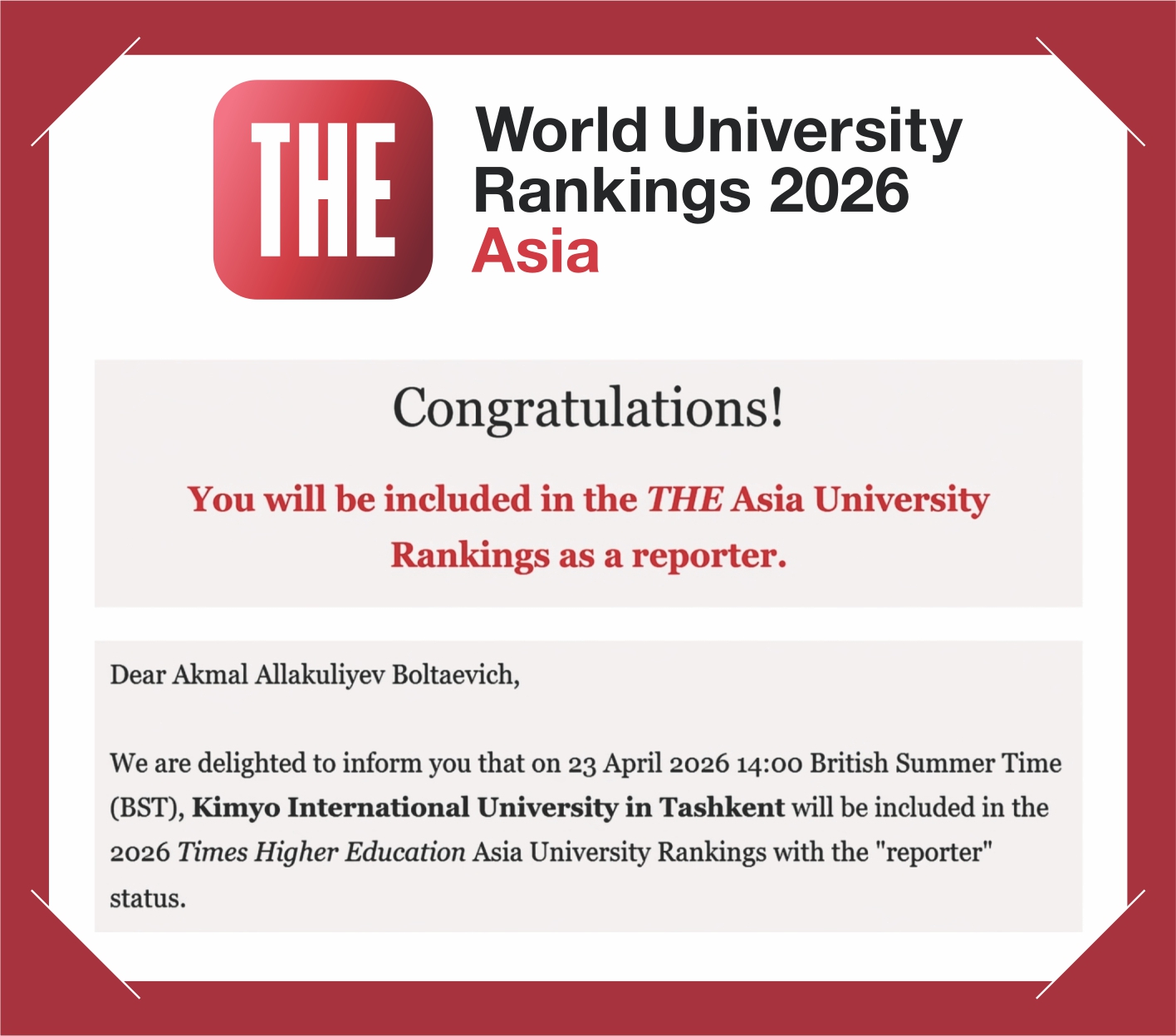 Kimyo International university in Tashkent Included in Global Rankings