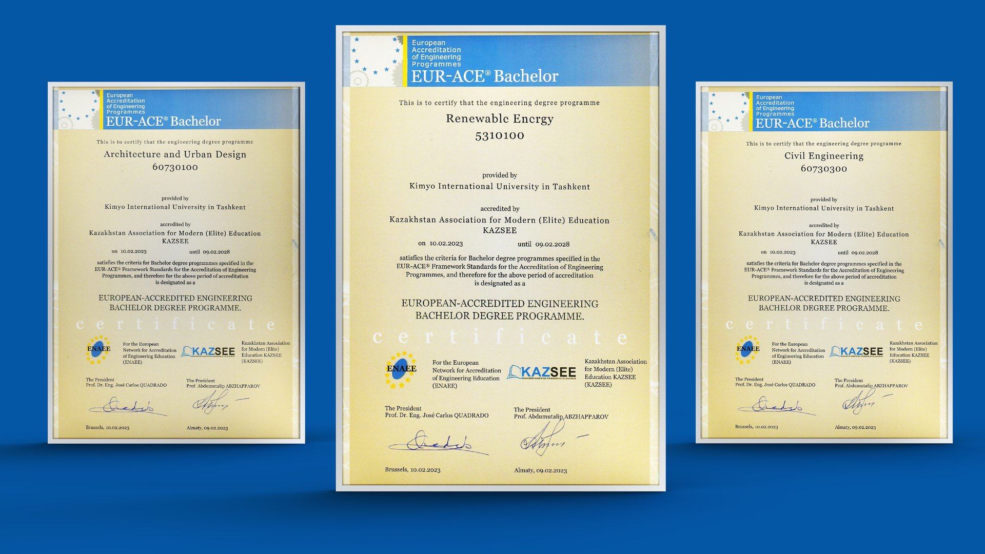 Renewable Energy, Construction and Architecture and Urban Design faculties of Kimyo International University in Tashkent became the first programs of the School of Engineering that received the European quality label for engineering degree programs EUR-AC
